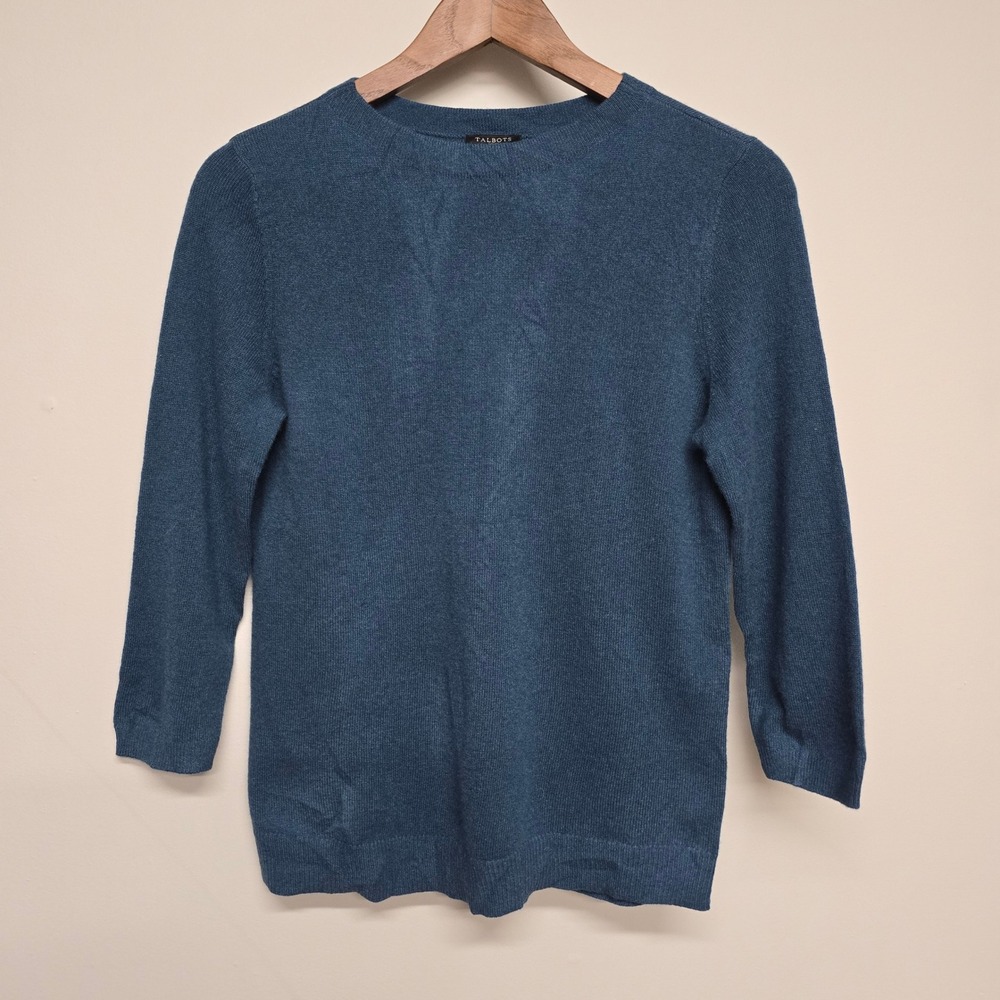 Talbots Crewneck Sweater Women PM Blue 100% Cashmere 3/4 Sleeve Classic Soft